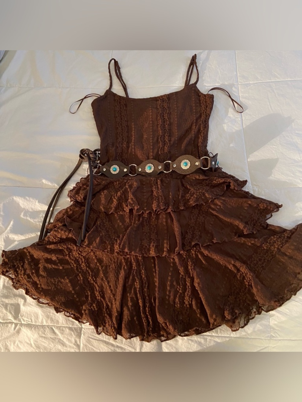 🤎Brown Lace Tiered Slip Dress with Decorative Belt🤎